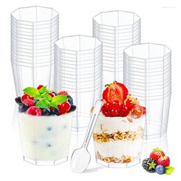 Disposable Cups Straws 160ml 12/24Pcs Plastic Dessert Octagon Ice Cream Pudding Jelly Appetiser Bowl Food Container