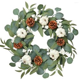 Decorative Flowers 18'' Fall White Pumpkin Garland Eucalyptus Wreath With Pumpkins Pinecones Berries For Farmhouse Harvest Thanksgiving Home