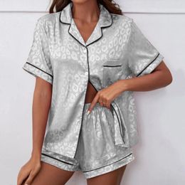 Home Clothing Womens Satin Printed Pajamas Sets Short Sleeved Lapel Silk Housewear Comfortable Girl Tops Shorts 2 Pcs Set Breathable Costume