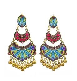 Indian Retro Style Gold with Beads Tassel Flower Glass Drop Dangle Earrings for Woman Charm Jewelry2717400