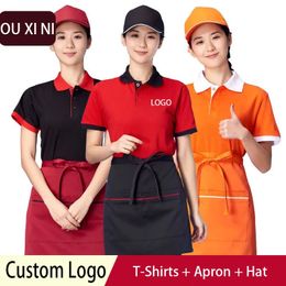 Waiter Uniforms for CafeBakery Restaurant - Summer Lapel Shirt Workwear for Catering Supermarket -TShirt with Apron and Hat 240430