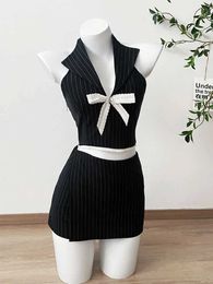 Two Piece Dress Summer Women Old Money Vacation 2000s Aesthetic Korean Striped Outfits 2 Set Lace Bow Vest Tank Top + Design Mini Skirts Q240511