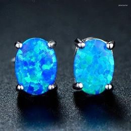 Stud Earrings 2024 Cute Female Blue Fire Opal Boho Silver Colour Wedding Jewellery Small Round Double For Women Girls