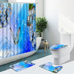 Shower Curtains Blue Flower Butterfly Curtain Lotus Pink Green Leaves Bathroom Set Anti-Skid Rug Toilet Lid Cover Bath Mat Decor