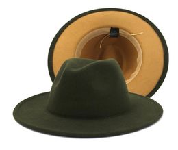 2021 Fashion Olive Green with Tan Bottom Patchwork Two Tone Colour Wool Felt Jazz Fedora Hats Women Men Party Festival Formal Hat286421009