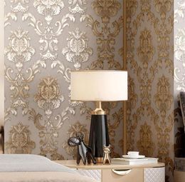 Wallpapers Beigegrey Gold Textured Luxury Classic Damask Wallpaper Bedroom Living Room Home Decor Waterproof PVC Wall Paper RollW7427000