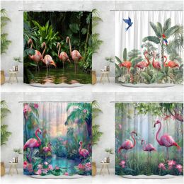 Shower Curtains Flamingo Curtain Tropical Scenery Animal Palm Leaf Landscape Forest Parrot Modern Polyester Fabric Bathroom Decor