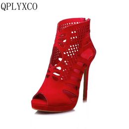 QPLYXCO 2017 New sale Big small Size 28-52 sandals quality Nubuck leather high heel women sexy fashion lady Party shoes 588