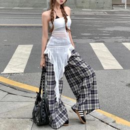 Women's Tanks 2024 Summer Streetwear Sexy See-through Irregular Mesh Camisole Women Loose Casual Plaid Wide Leg Pants Two-piece Suit