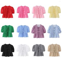 Women's Blouses Elegant Kawaii Summer Peplum Blouse Tops Short Puff Sleeve Round Neck Bow Tie-Up Front Babydoll Flare Shirts