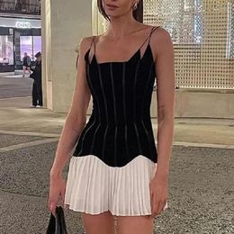 Casual Dresses Skinny Mini Pleated For Summer Women's Dress 2024 Chic High Waist Velvet Spliced Bottom Sling