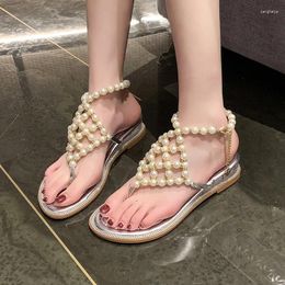 Casual Shoes Summer Women's Students Flat Toe Sexy Line With Roman Pearl Sandals Women Europe And The United States