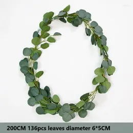 Decorative Flowers 200CM 136 Leaves Artificial Cane Eucalyptus Green Plant False Wedding Vine Winding Background Wall Decoration