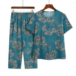 Women's Two Piece Pants 2Pcs/Set Women Pajamas Set Floral Print Short Sleeve Elastic Waist Wide Leg Trousers T-shirt Mid-aged Homewear