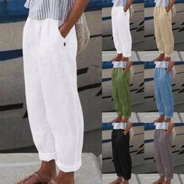 Women's Pants Women High Waisted Wide Leg Capri Solid Elastic Waistband Linen Straight Trousers Casual Streetwear Cropped