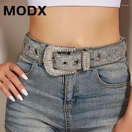 Belts MODX Women Rhinestone Belt Western Cowgirl Cowboy Bling PU Leather Jeans Pants For Trendy Costume Accessories Eyelet