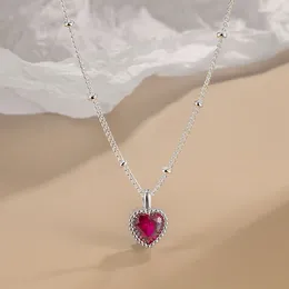 Pendant Necklaces Created Ruby Heart Necklace For Women White Gold Colour Plated Sweater Chain Fashion Jewellery Female