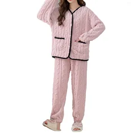 Home Clothing Women Winter Warm Flannel Pyjamas Set Sleepwear Nightwear Loungewear V Neck Long Sleeve Button Tops With Elastic Waistband