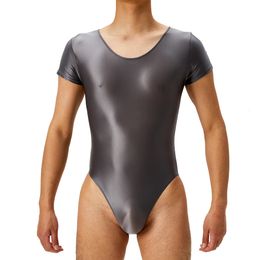 Mens Bodysuit Short Sleeve Oil Shiny High Cut Shapers Leotard Elastic Man Women Sexy Lingerie Jumpsuit Underwear 240430