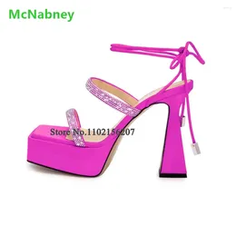 Sandals Platform Crystal Ankle Lace-up Thin Heel For Female Women Square Toe Solid Sexy Elegant Shallow Party Dress Summer Shoes