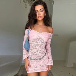 Casual Dresses Sexy Sheer Lace Mini Dress For Women Elegant Fashion Off Shoulder Long Sleeve Slim Party Summer Holidays Club 2024