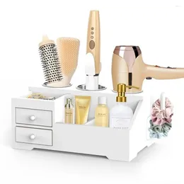 Storage Boxes Wooden Hair Tool Organiser Styling Blow Dryer Holder Bathroom Vanity Heat-Resistant Steel Cups Drawers Hooks Pine