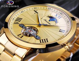 FORSINING Skeleton Watches for Men Gold Stainless Steel Strap Mechanical Wristwatch Luxury Automatic Moon Phase Tourbillon Watch S2458232