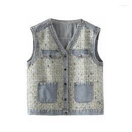 Women's Vests Oversize XL-4XL Tweed Splicing Denim Waistcoat V-neck Sleeveless Loose Tops Female Jean Coat Short Jackets Spring