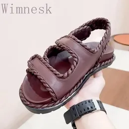 Casual Shoes Summer 2024 Sandals Fashion Round Toe Women Flats Concise Hook & Loop Genuine Leather Chaussure Femme