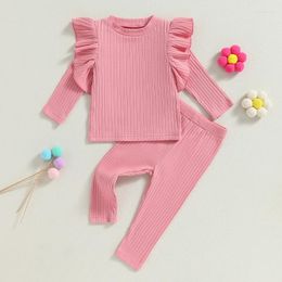 Clothing Sets Infant Baby Girl Fall Clothes Solid Ribbed Ruffled Long Sleeve Tops Pants Set Casual 2 Pcs Outfit