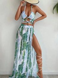 Women's Swimwear 2024 Halter Criss Cross Bikini Tropical Print Swimsuit & Beach Dress 3 Piece Sexy Women Bathing Suit Beachwear Summer