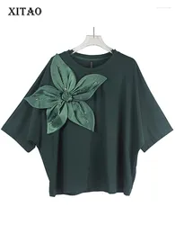 Women's T Shirts XITAO O-neck Half Sleeve T-shirt Three Dimensional Decoration Floral Temperament Diamonds Women HJH31387