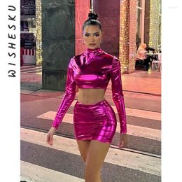 Work Dresses Two Piece Set Women Metallic Outfits Sexy Turtleneck Long Sleeve Crop Top High Waist Mini Skirt 2024 Spring Fall Y2K Clothes