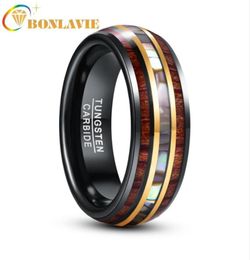 Wedding Rings BONLAVIE 8mm Black Gold Inlaid Wood Grain Abalone Shell Tungsten Carbide Men039s Ring Fashion Jewelry7163788