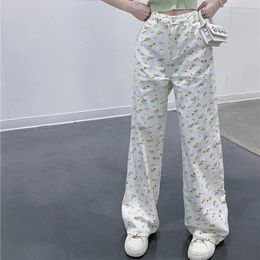 Women's Jeans Straight Women Flower Pattern Wide Leg Pants High Waist Denim Trousers Y2k Aesthetic Grunge Clothes Female
