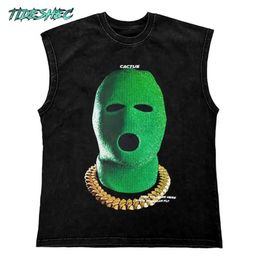 Retro Headwear Tank Top Green Steel Hat Pattern Printed T-shirt Cotton Hip Hop Street Clothing Large Pattern Washing Top 240511