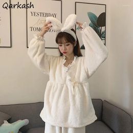Women's Sleepwear Pajama Sets Women V-neck Coral Fleece Solid Lace Homewear Plus Velvet Sweet Lovely Elegant All-match Female Korean Style