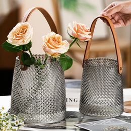 Vases Glass Flower Vase With Leather Handle Home Office Cafe Big Bottle Hydroponic Wedding Table Decoration Ornament