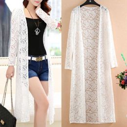 Women's Knits Separqi Summer Beach Cover Up 3XL Women Floral Lace Kimono Semi Sheer Solid Open Front Long Elegant Cardigan Mujer Tops