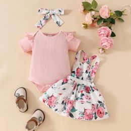Clothing Sets Baby Girls Summer Outfits Ribbed Sleeve Romper With Floral Pattern Overalls Dress And Heaband 3 Pcs Set