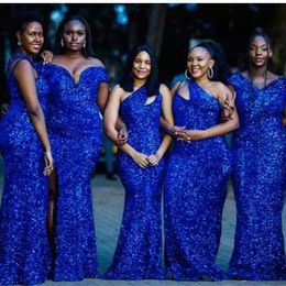 Royal Blue Sequins Bridesmaid Dresses 2022 Mermaid Floor Length Satin One Shoulder Custom Made Plus Size Maid of Honor Gown Country Bea 329J