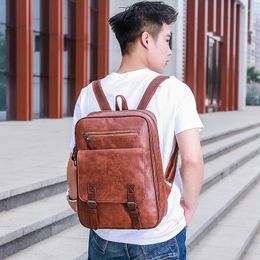 Backpack Korean Men's Fashion Preppy Men School Bag For Teenage Boy Black PU Leather Bagpack Large Capacity Travel Rucksack