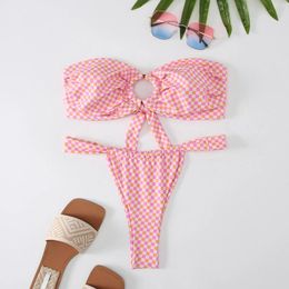 Women's Swimwear Summer Sexy Strapless Bandage Swimsuit Sweet Orange Floral Print Bikinis Set Female Holiday Bathing Suits