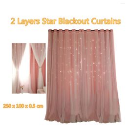 Curtain Layers Hollow Out Stars Curtains Double Fabric And Gauze Drapes Blinds (Pink)