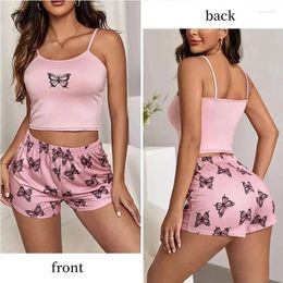 Home Clothing Korean Style Women Suspender Butterfly Two Piece Round Neck Camouflage Top Paired With Shorts Casual Pajama Set