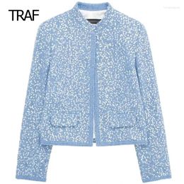 Women's Jackets V-Neck Long Sleeves Top Women Spring 2024 Sequins Cropped Cardigan In Outwear Elegant Coat Arrivals