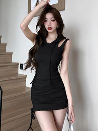 Casual Dresses 2024 Black Bandage Bodycon Hooded Tank Top Dress Summer Chic Backless Sexy Club Women Korean Elegant Kawaii