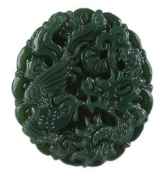 TJP natural carved round Dragon and phoenix HETIAN jade pendant China QINGYU green necklace pendants5292696