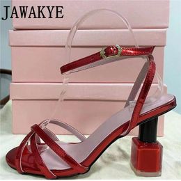 Slippers Runway Luxury Party Ladies Leather Sandals Nail Polish Heels Women's Pumps High Open Toe Ankle Buckle Femme Sandal Mujer