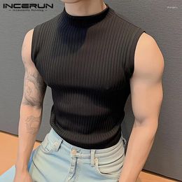 Men's Tank Tops 2024 Knitted Solid Color Turtleneck Sleeveless Male Vests Streetwear Summer Fashion Casual Men Clothing INCERUN